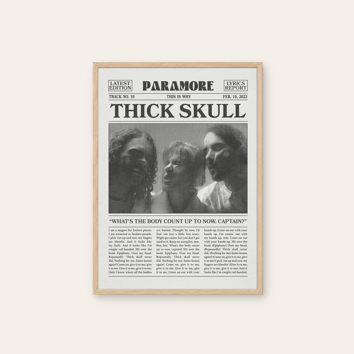 Paramore Thick Skull newspaper poster — natural wood frame