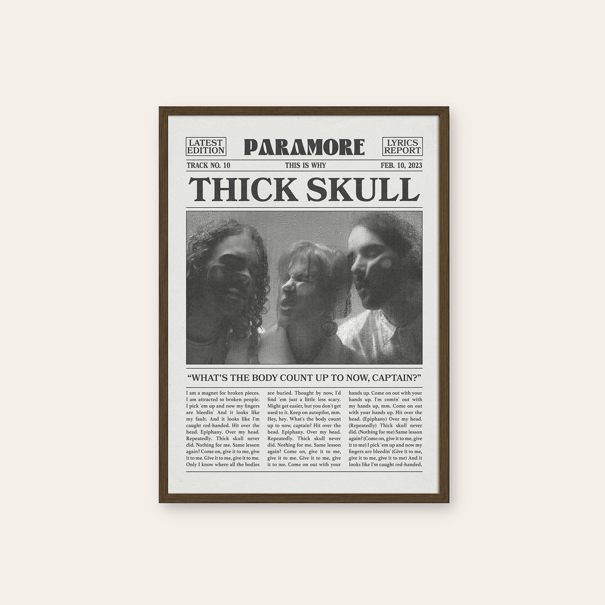 Paramore Thick Skull newspaper poster — dark wood frame