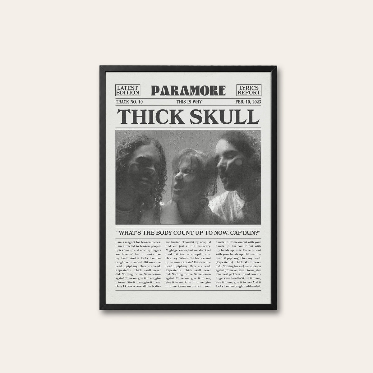 Paramore Thick Skull newspaper poster — black frame