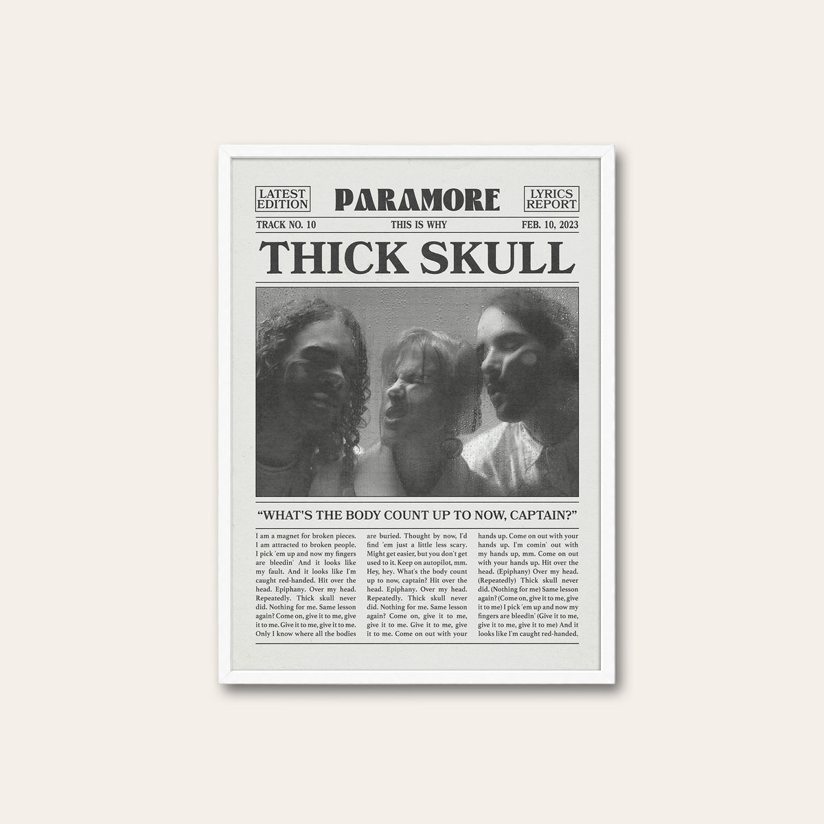 Paramore Thick Skull newspaper poster — white frame