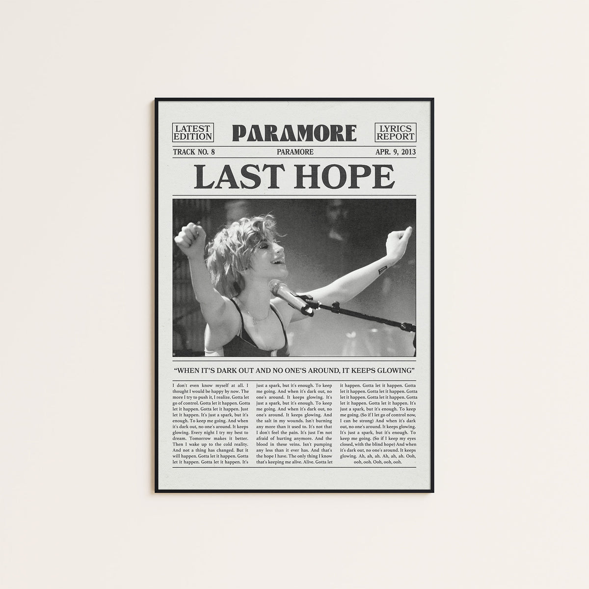 Paramore Last Hope Live Performance newspaper poster — black frame display