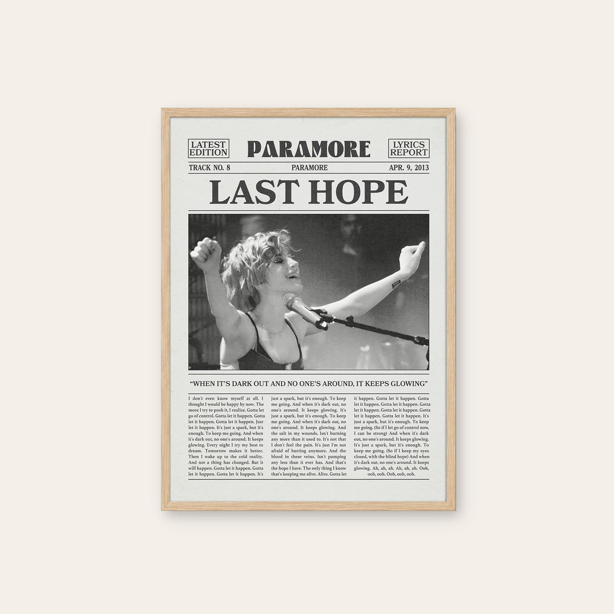 Paramore Last Hope Live Performance newspaper poster — natural wood frame