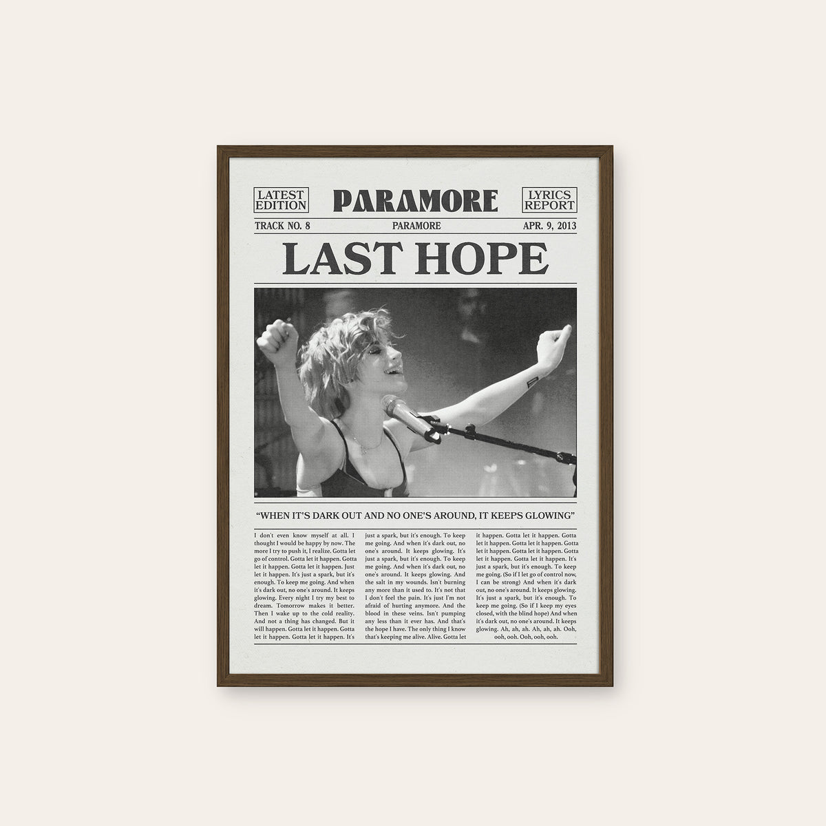 Paramore Last Hope Live Performance newspaper poster — dark wood frame