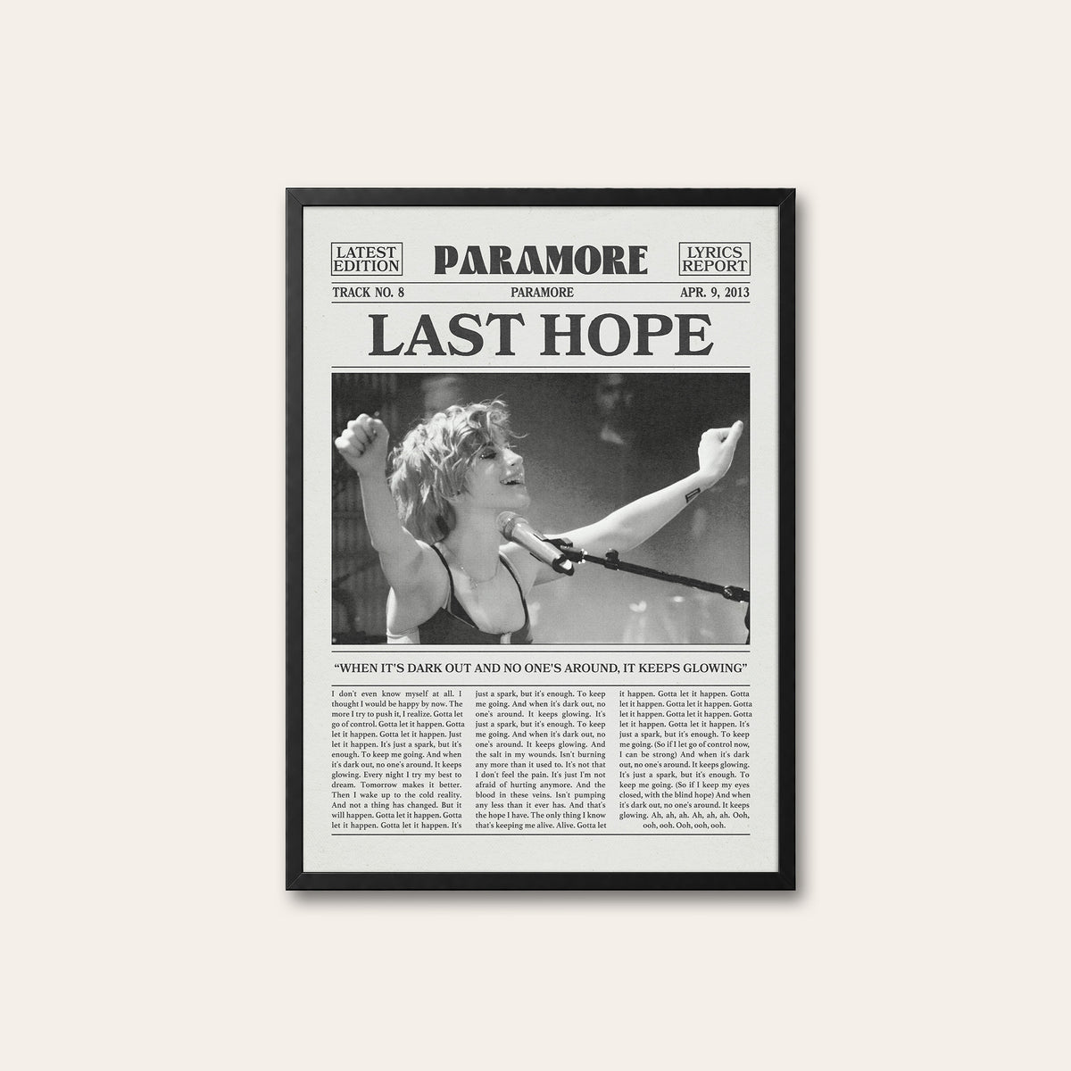 Paramore Last Hope Live Performance newspaper poster — black frame