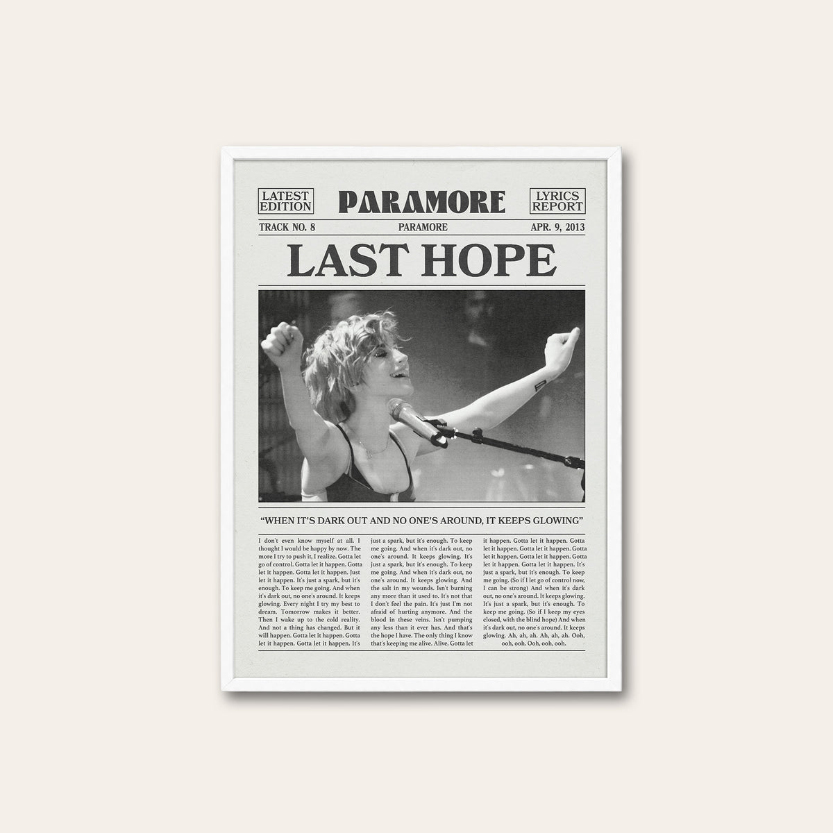 Paramore Last Hope Live Performance newspaper poster — white frame