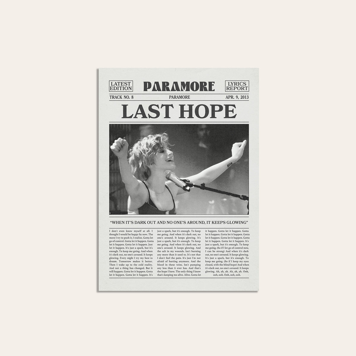 Paramore Last Hope Live Performance newspaper poster — unframed print