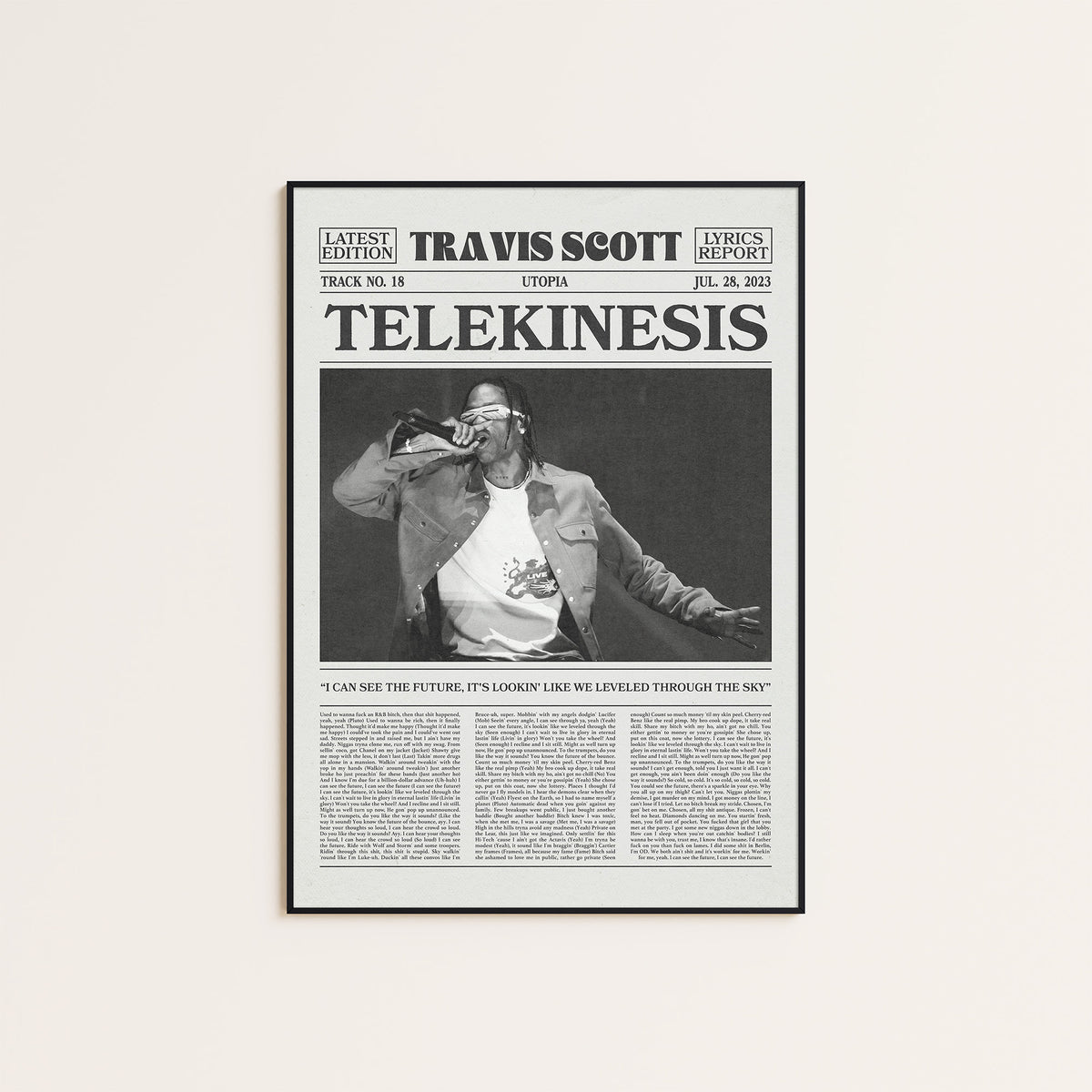 Travis Scott Telekinesis newspaper poster — black frame display