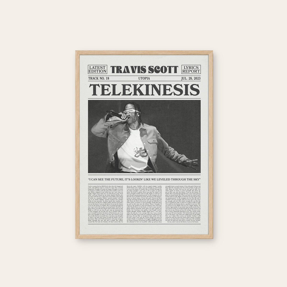 Travis Scott Telekinesis newspaper poster — natural wood frame