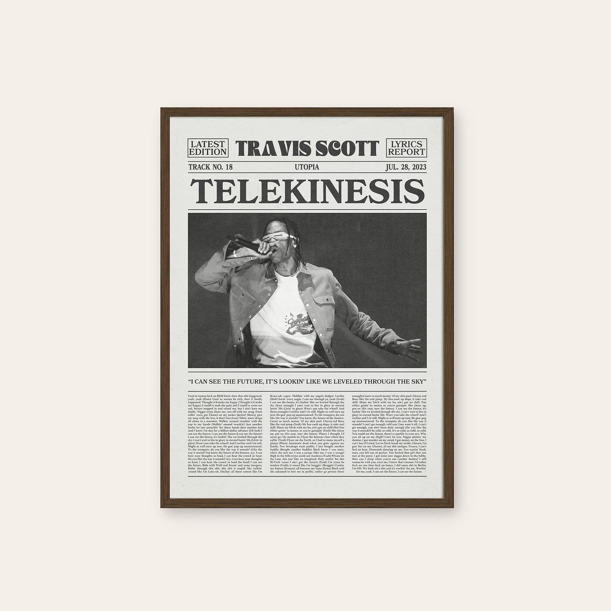 Travis Scott Telekinesis newspaper poster — dark wood frame