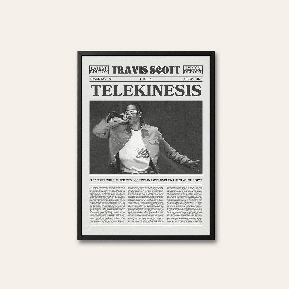 Travis Scott Telekinesis newspaper poster — black frame