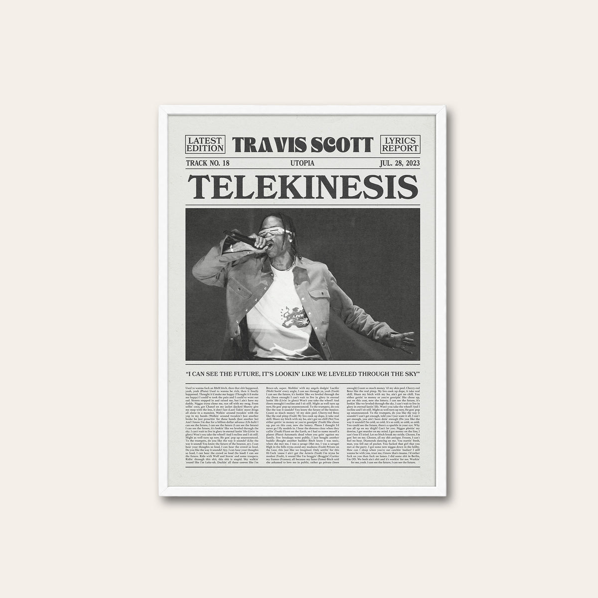 Travis Scott Telekinesis newspaper poster — white frame