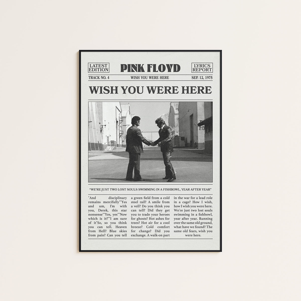 Pink Floyd Wish You Were Here newspaper poster — black frame display