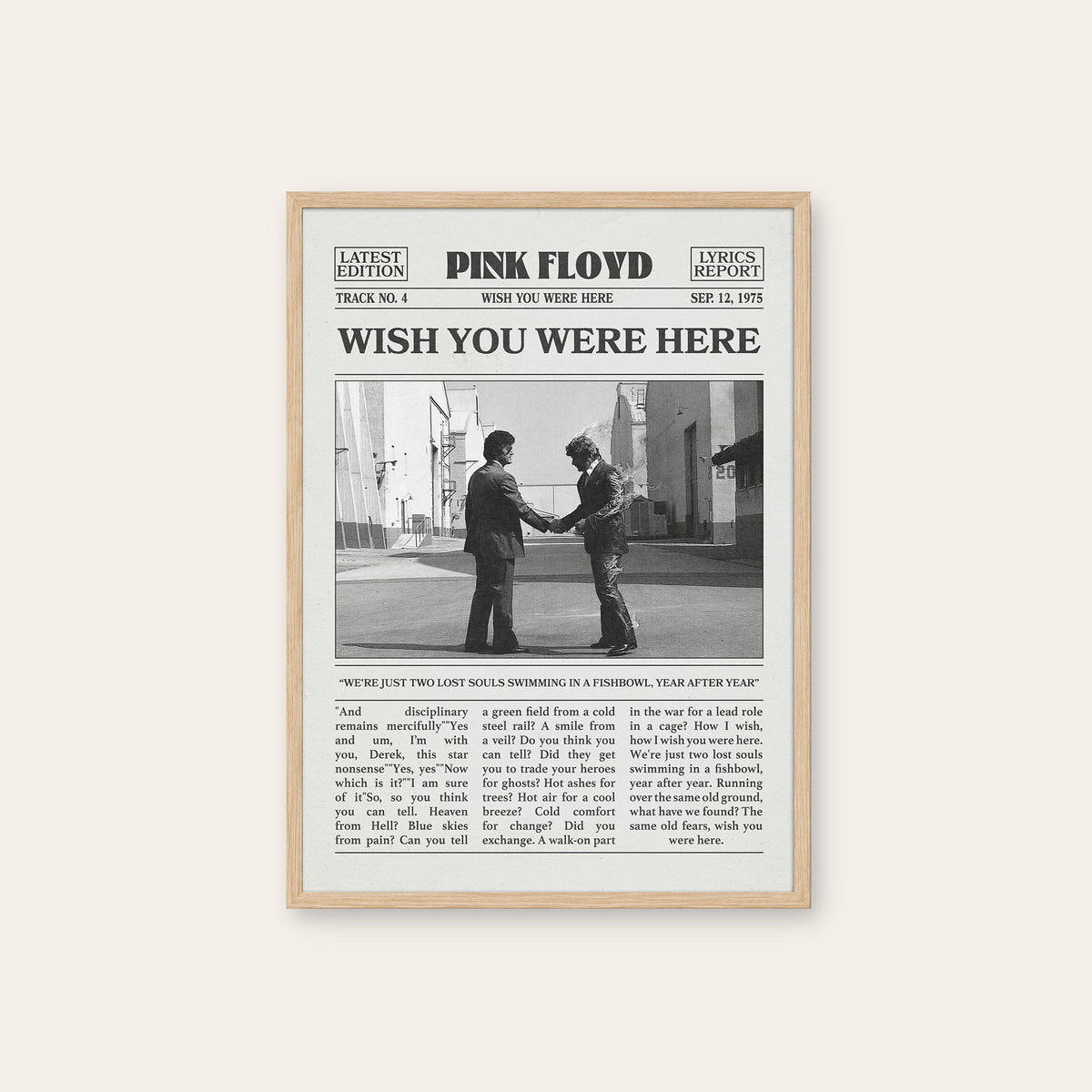 Pink Floyd Wish You Were Here newspaper poster — natural wood frame
