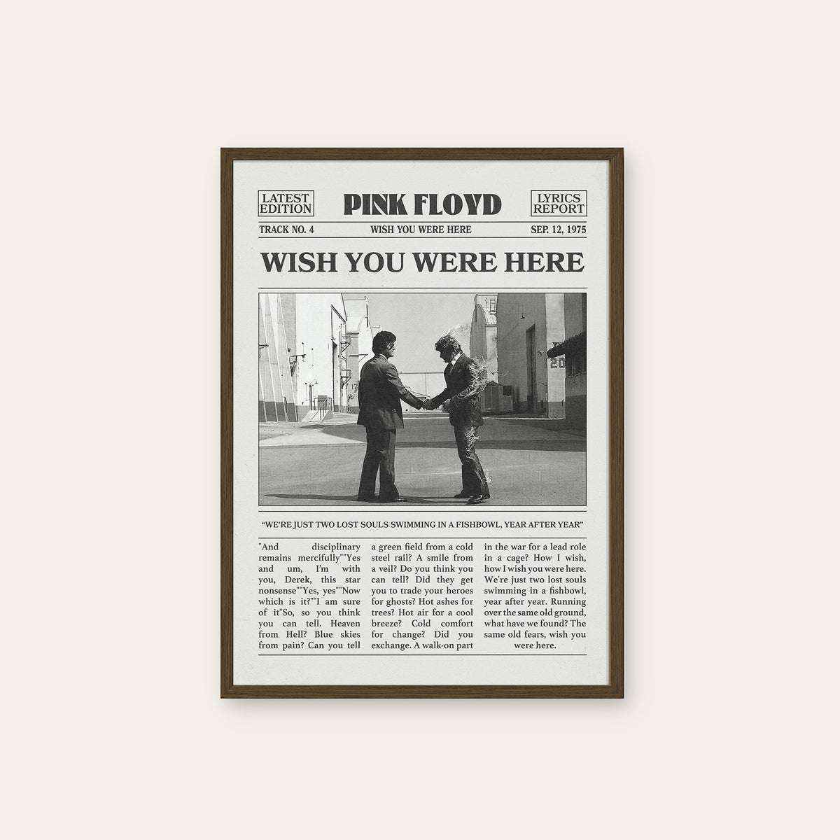 Pink Floyd Wish You Were Here newspaper poster — dark wood frame