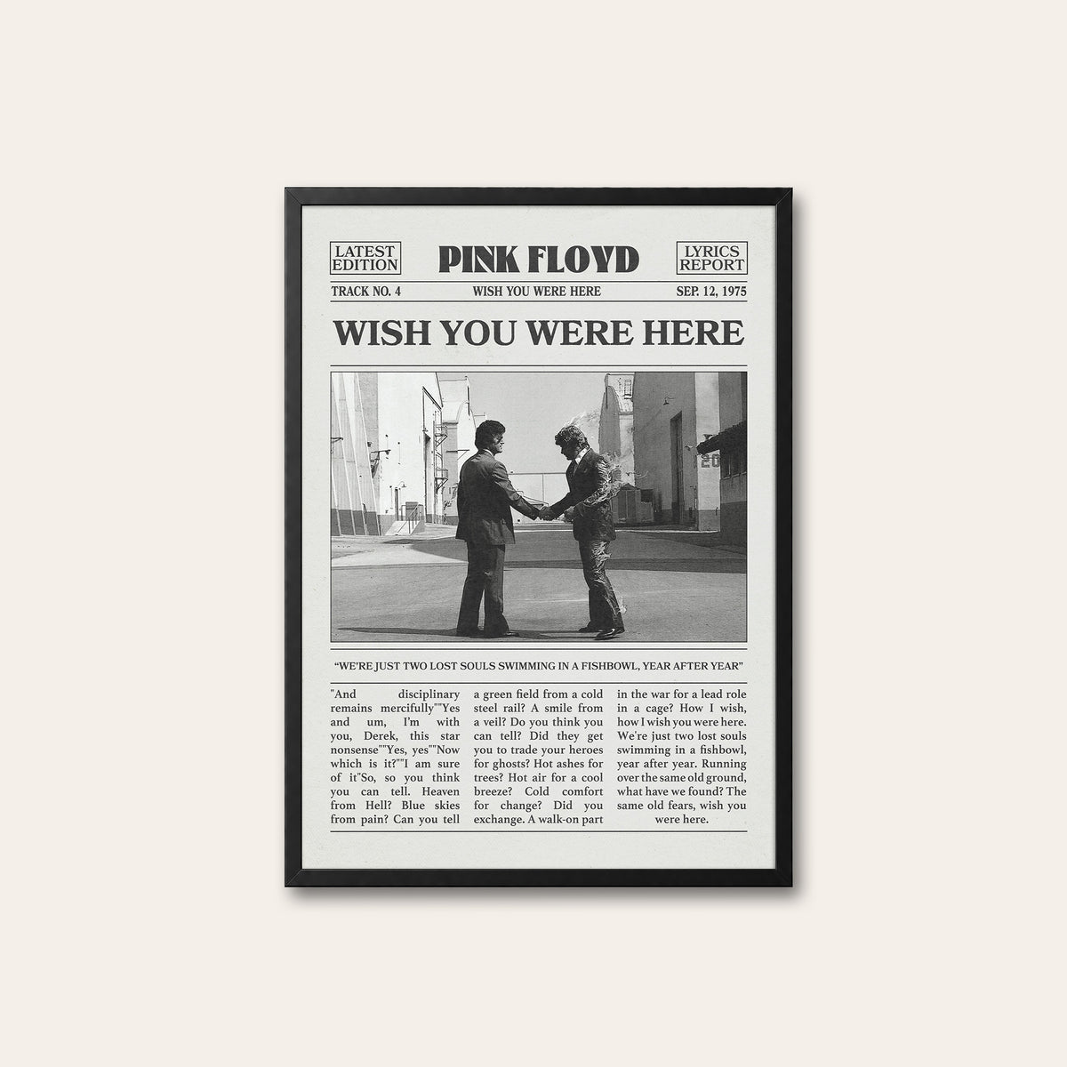 Pink Floyd Wish You Were Here newspaper poster — black frame