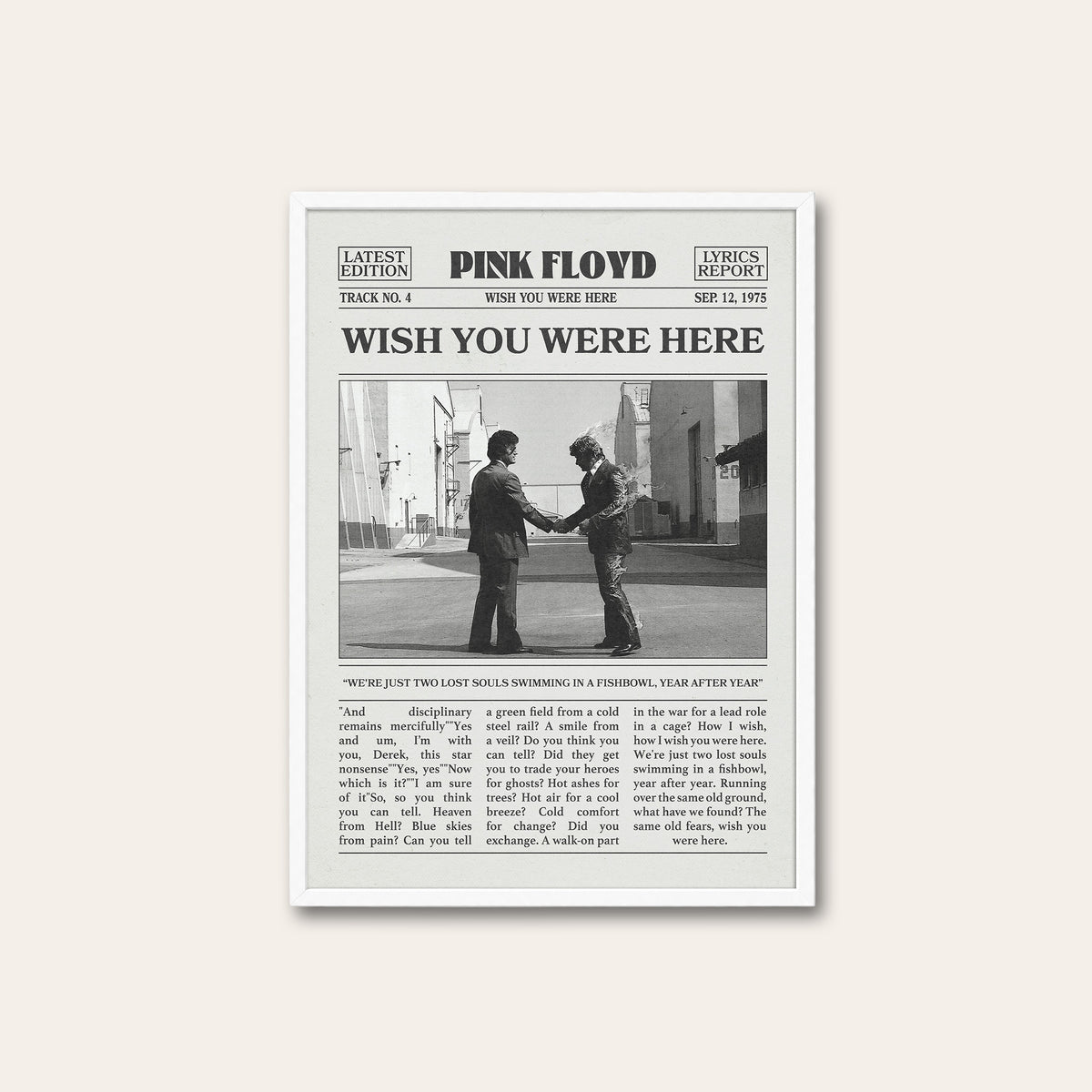 Pink Floyd Wish You Were Here newspaper poster — white frame