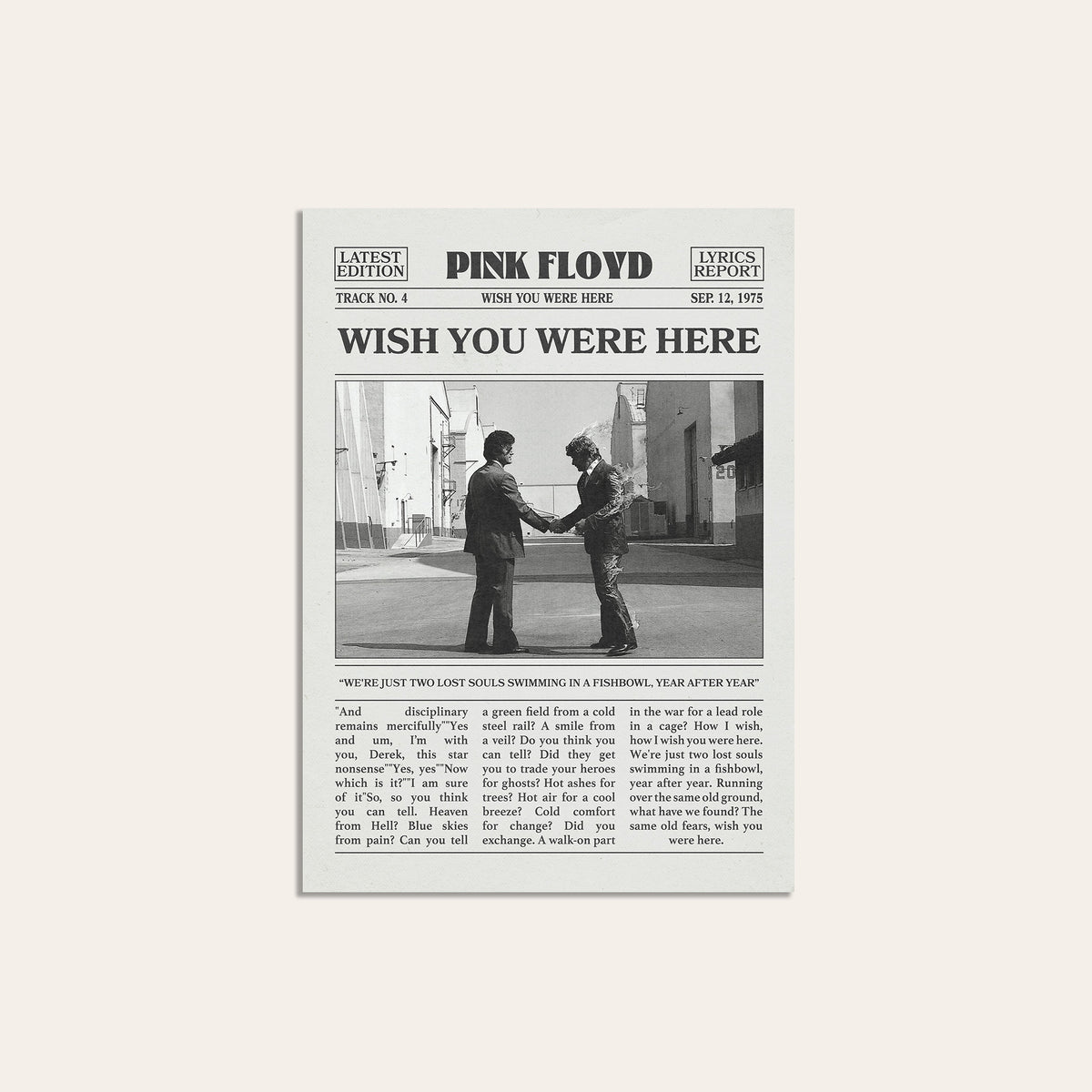 Pink Floyd Wish You Were Here newspaper poster — unframed print