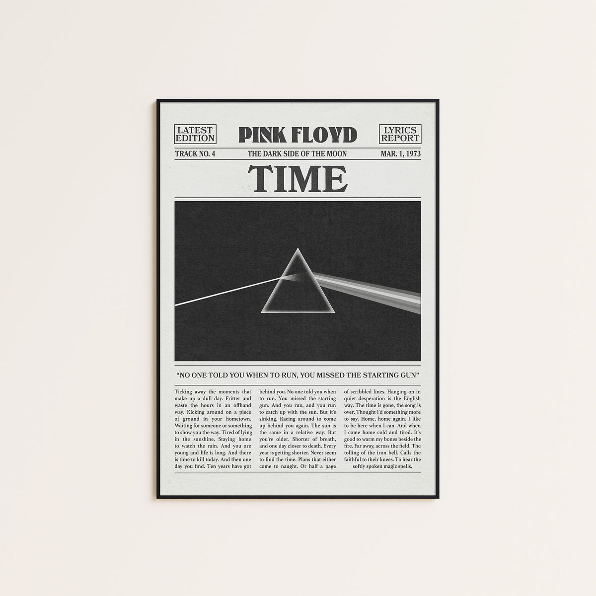 Pink Floyd Time Monochrome Prism newspaper poster — black frame display