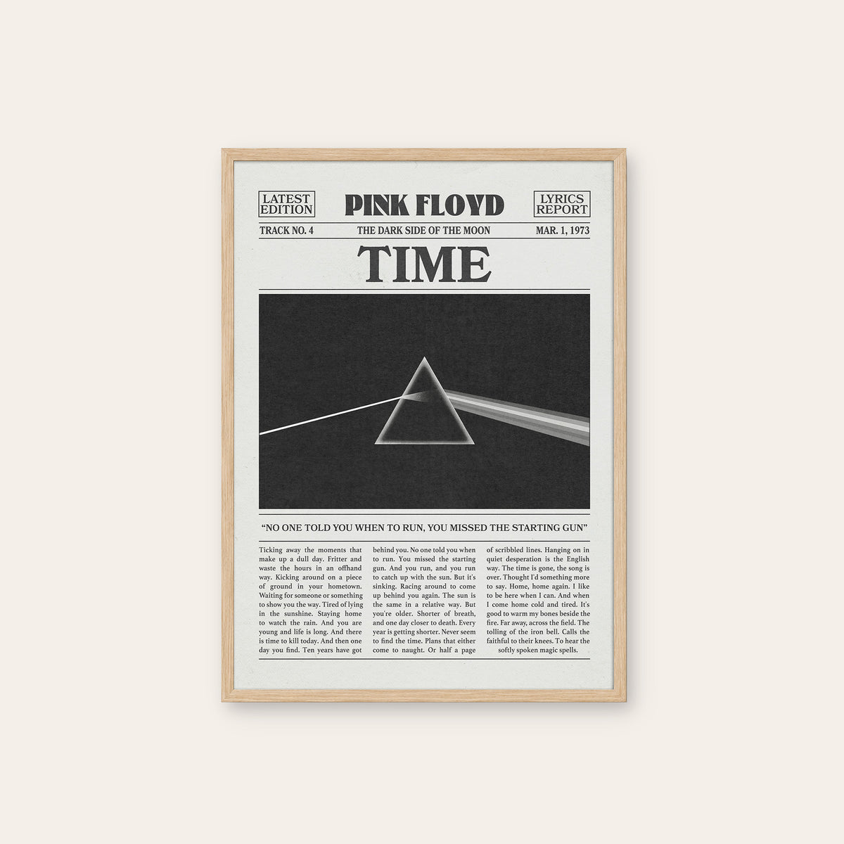 Pink Floyd Time Monochrome Prism newspaper poster — natural wood frame