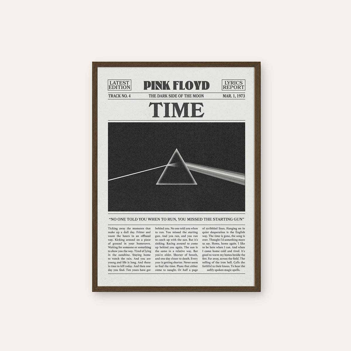 Pink Floyd Time Monochrome Prism newspaper poster — dark wood frame