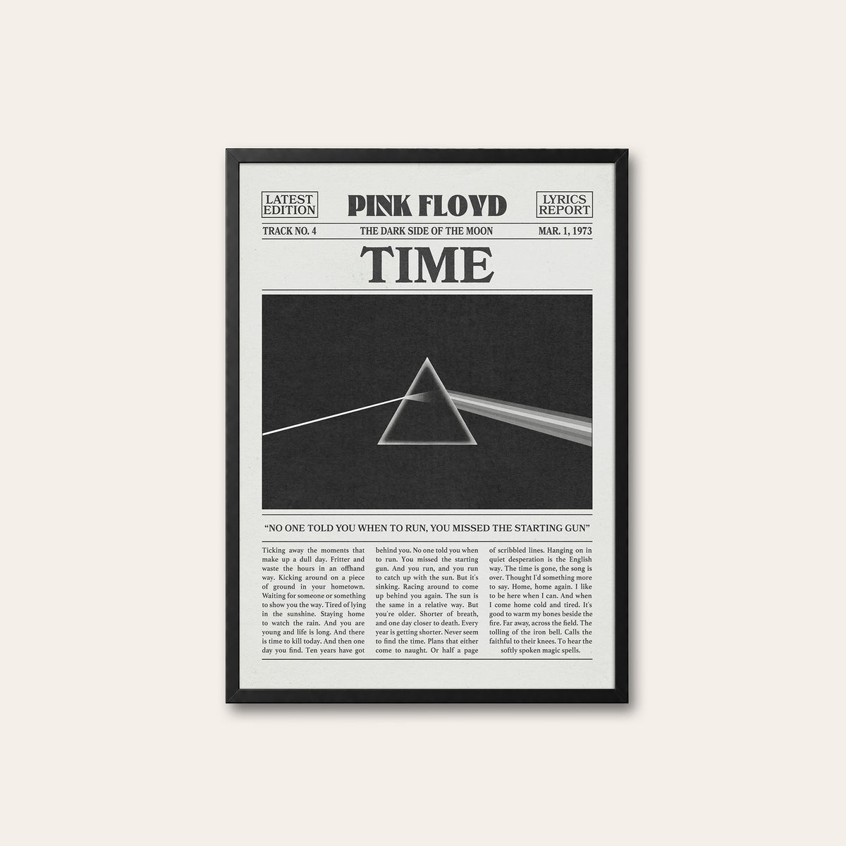 Pink Floyd Time Monochrome Prism newspaper poster — black frame