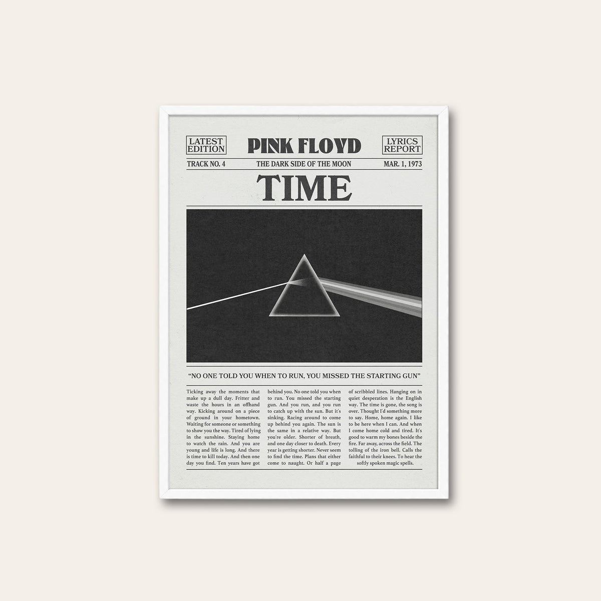 Pink Floyd Time Monochrome Prism newspaper poster — white frame