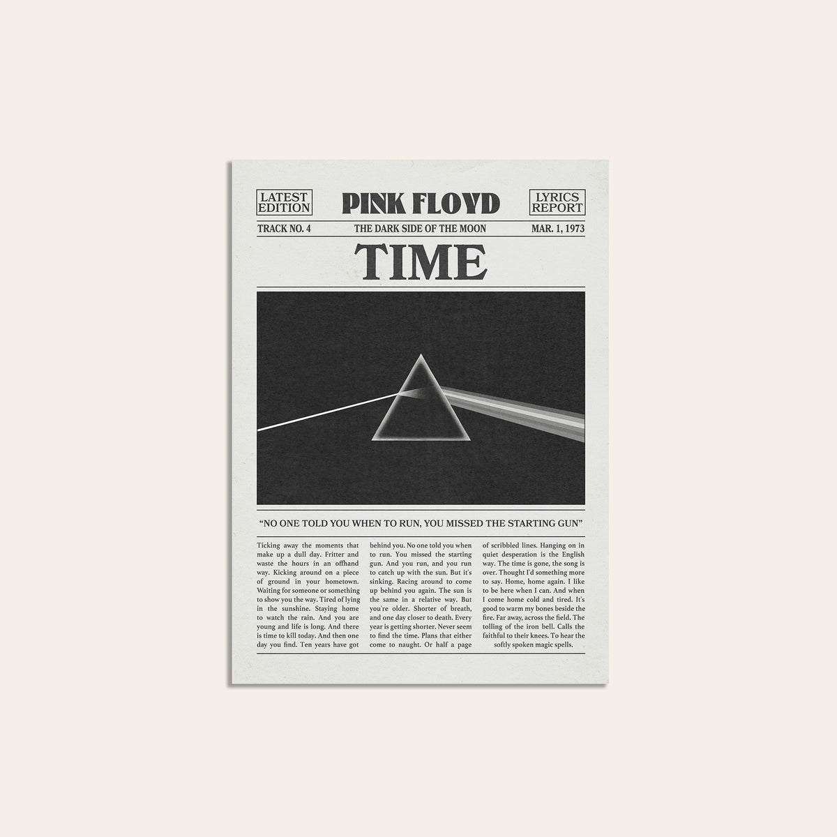 Pink Floyd Time Monochrome Prism newspaper poster — unframed print