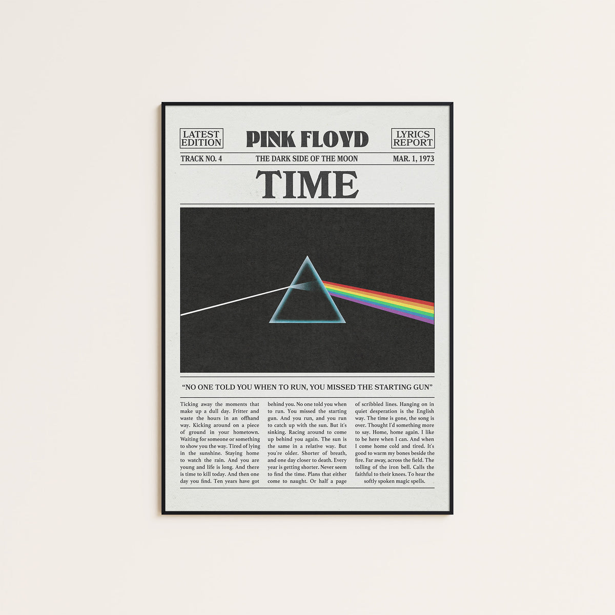 Pink Floyd Time Rainbow Prism newspaper poster — black frame display