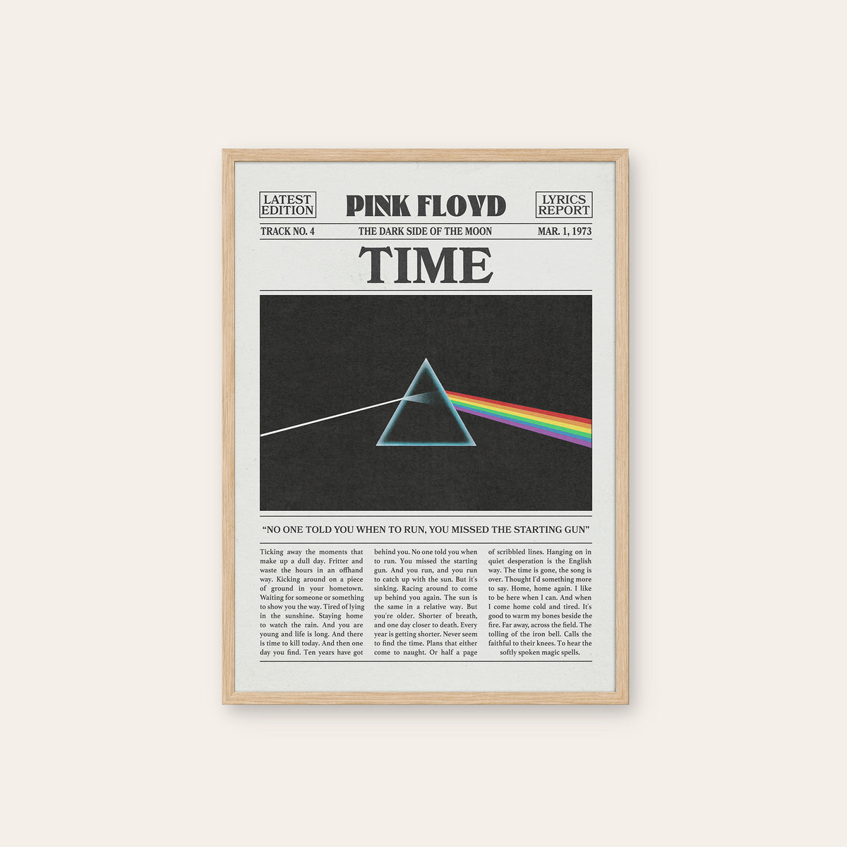 Pink Floyd Time Rainbow Prism newspaper poster — natural wood frame