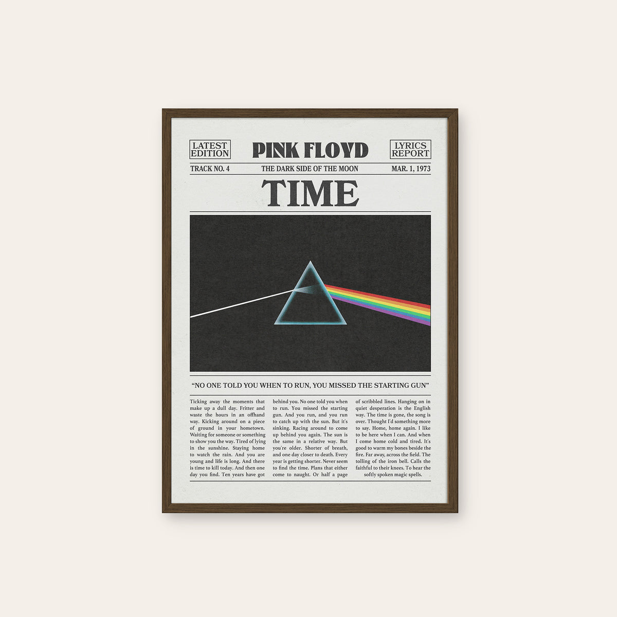 Pink Floyd Time Rainbow Prism newspaper poster — dark wood frame
