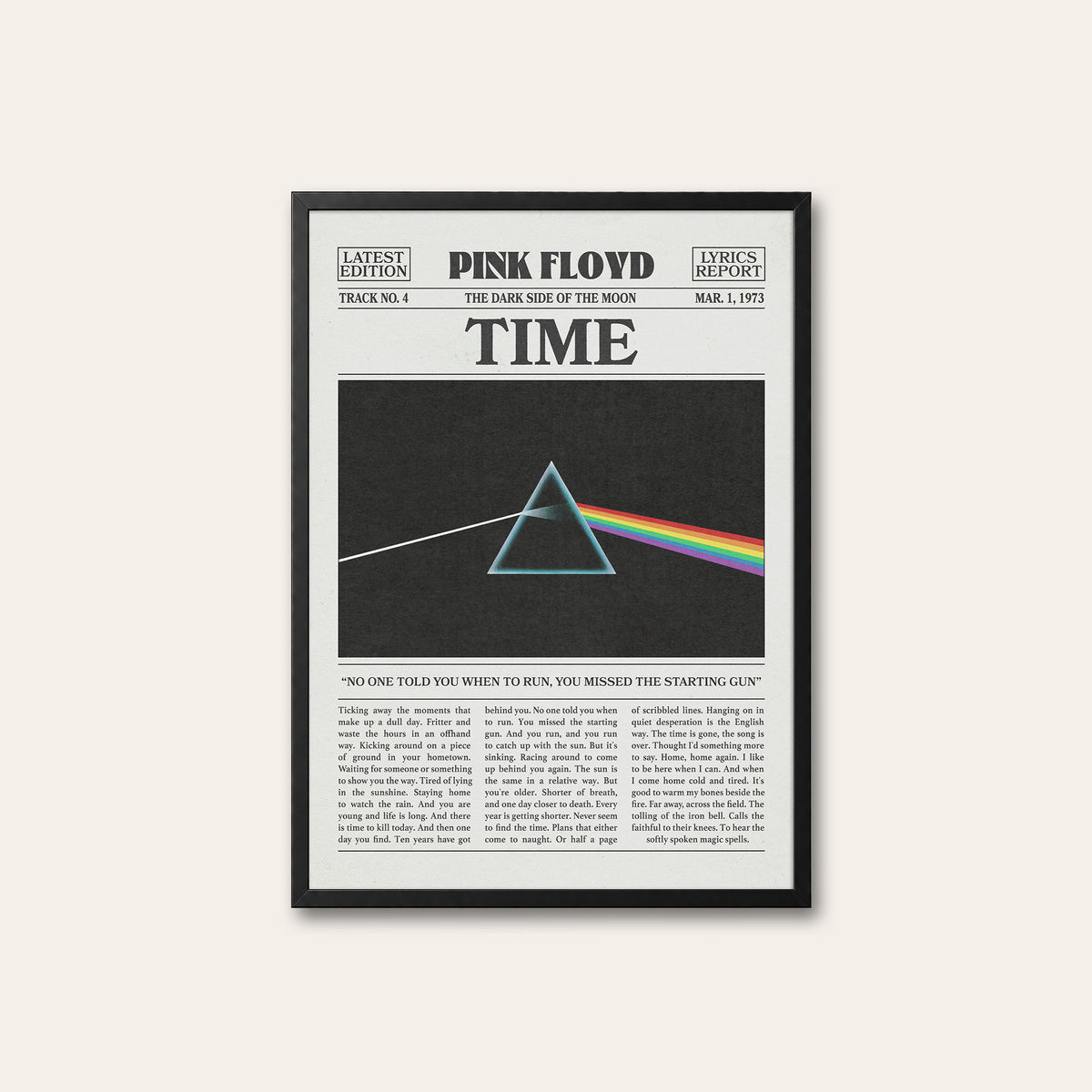 Pink Floyd Time Rainbow Prism newspaper poster — black frame