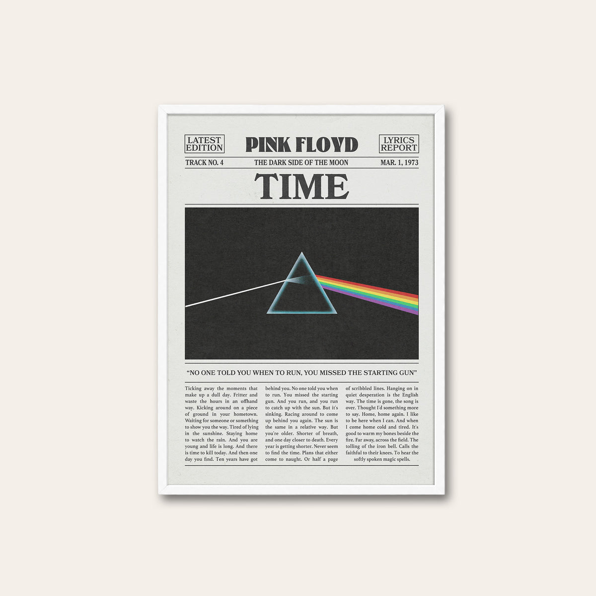 Pink Floyd Time Rainbow Prism newspaper poster — white frame