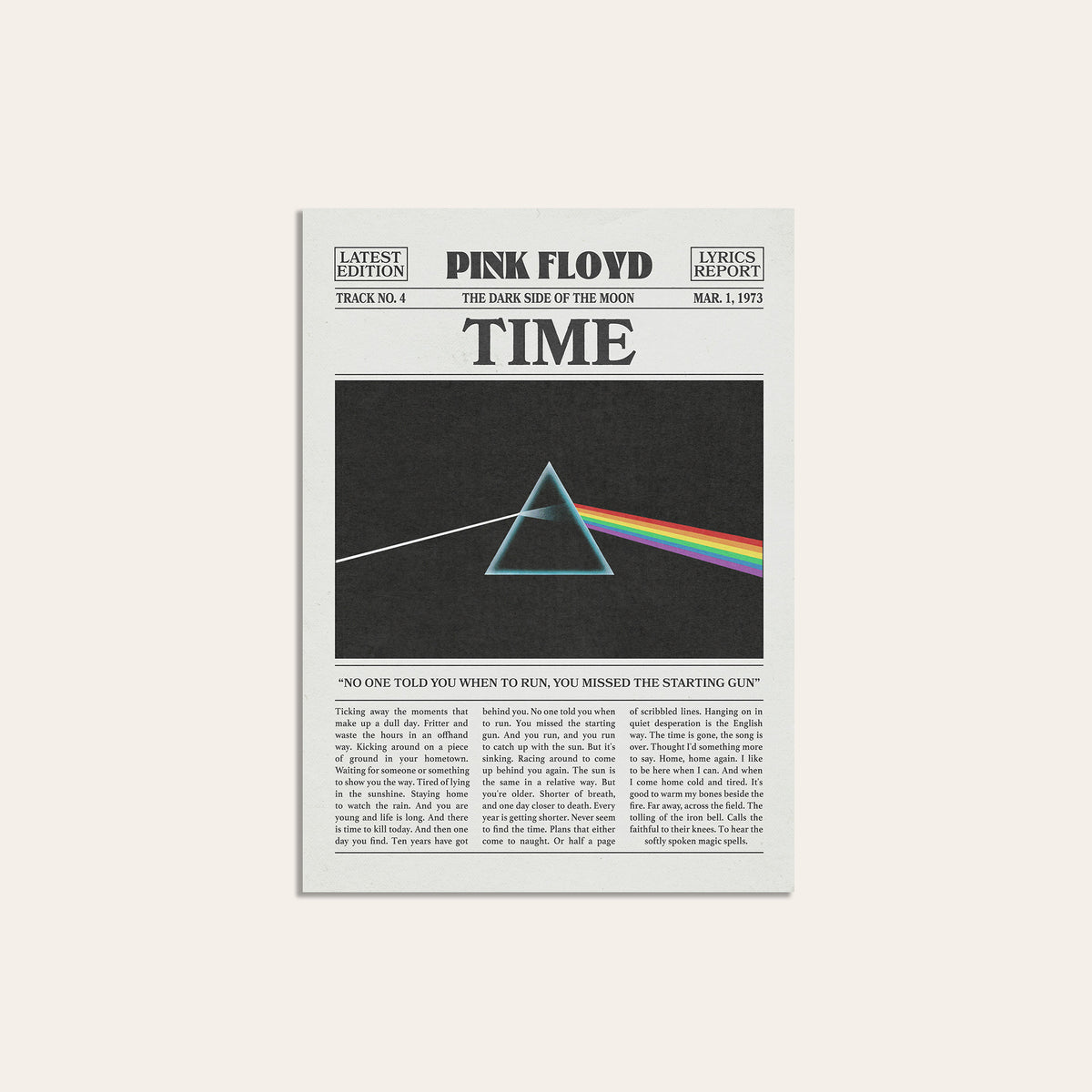 Pink Floyd Time Rainbow Prism newspaper poster — unframed print