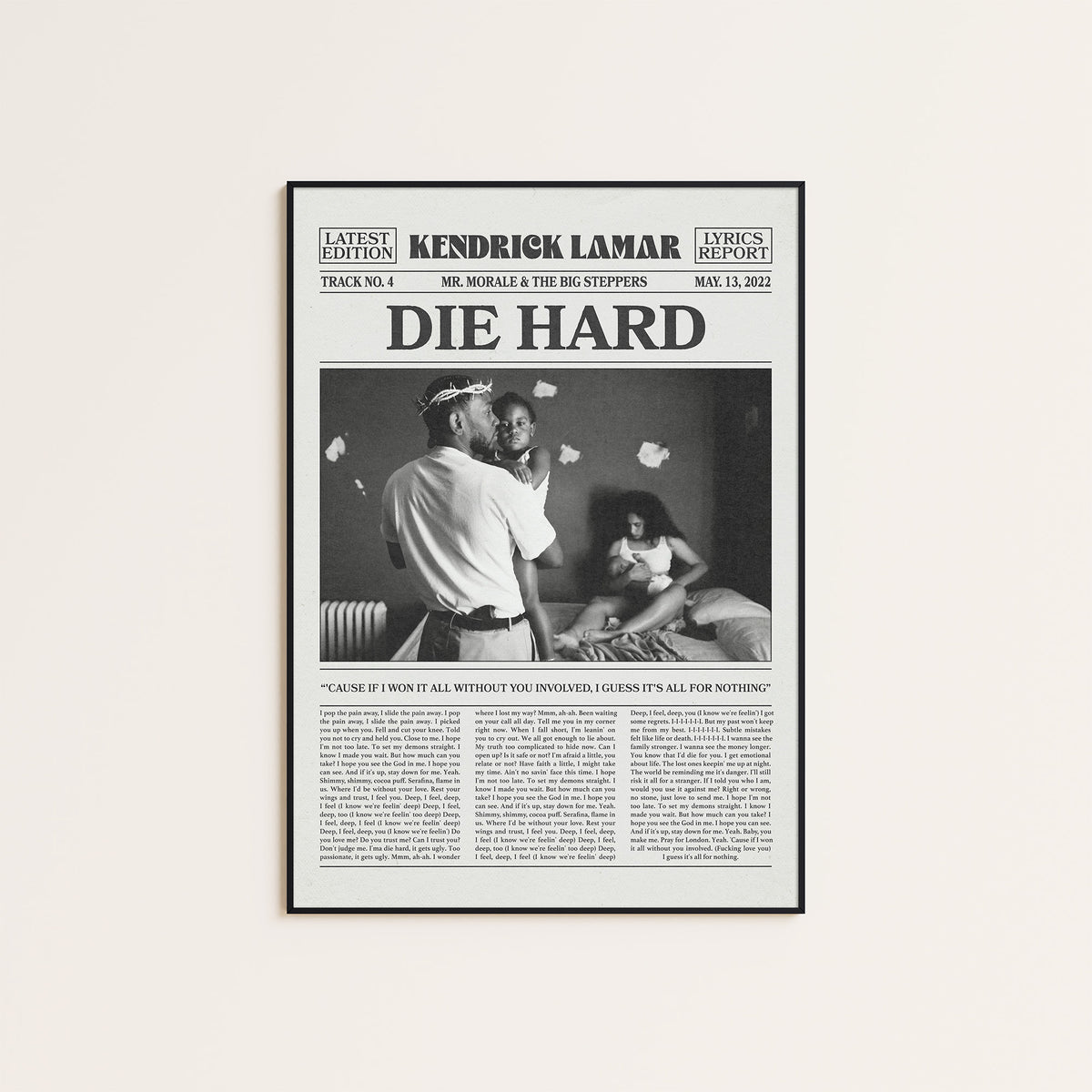 Kendrick Lamar Die Hard newspaper poster — black frame display