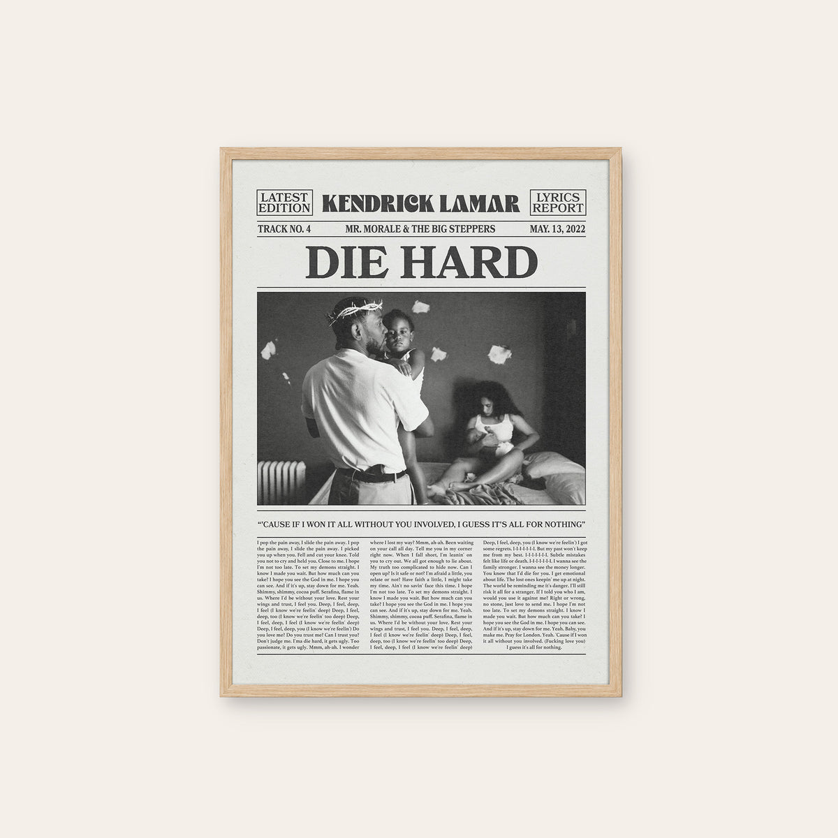 Kendrick Lamar Die Hard newspaper poster — natural wood frame