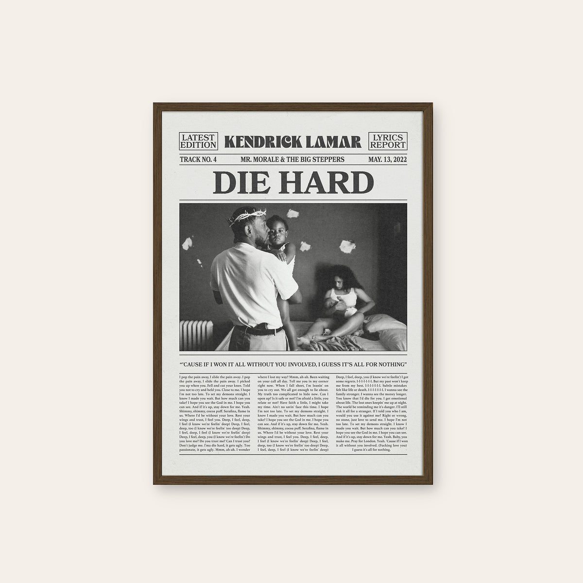 Kendrick Lamar Die Hard newspaper poster — dark wood frame