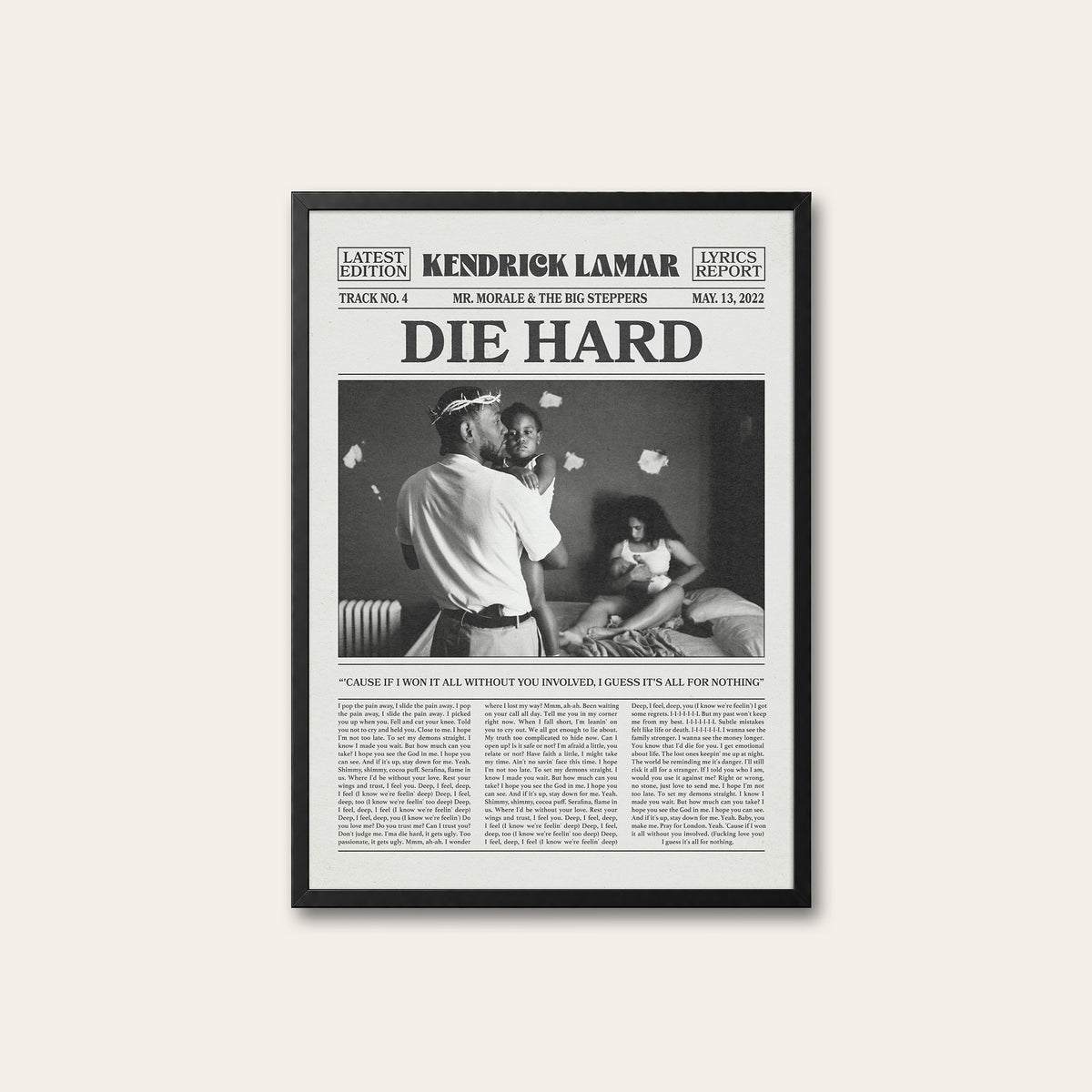 Kendrick Lamar Die Hard newspaper poster — black frame