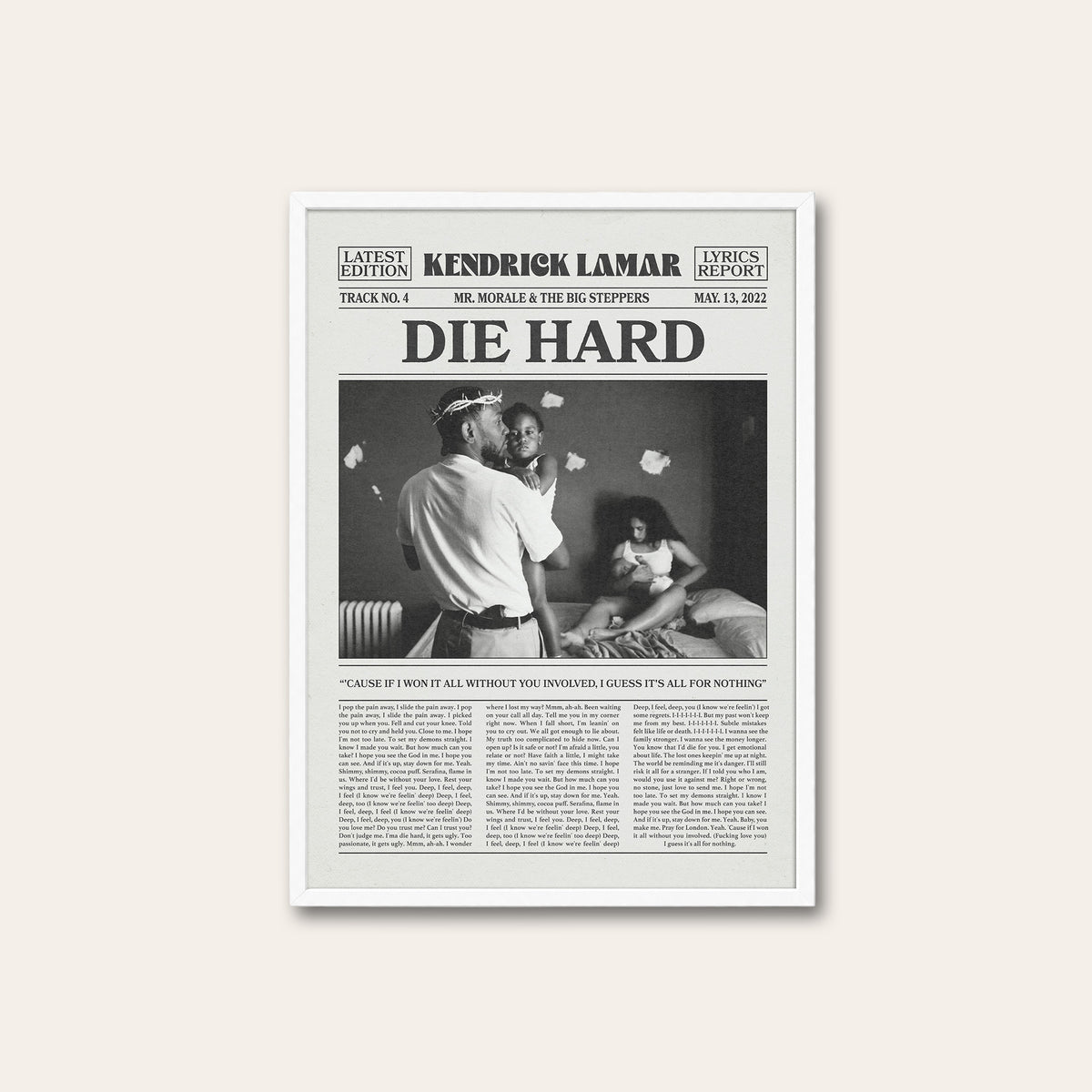 Kendrick Lamar Die Hard newspaper poster — white frame