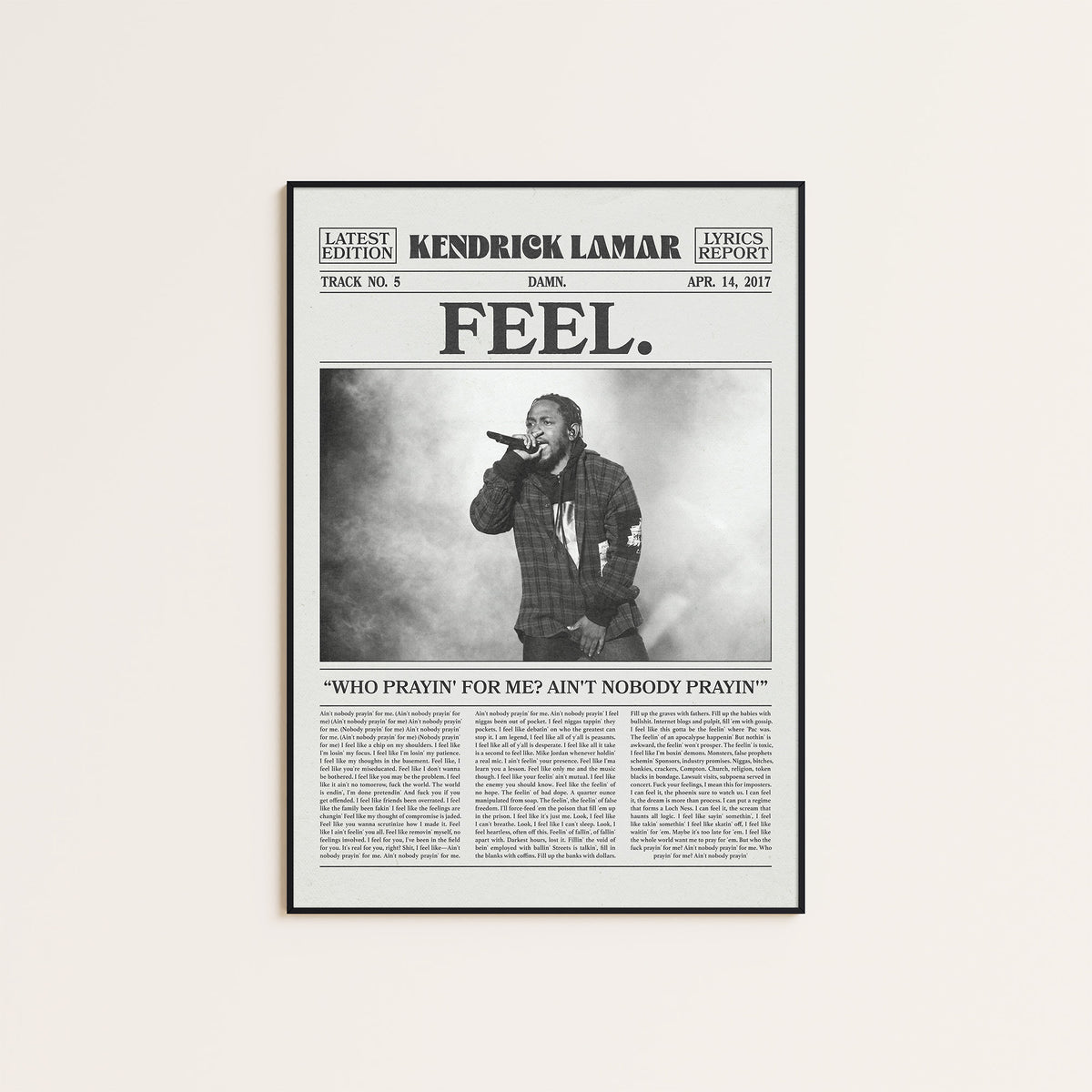 Kendrick Lamar FEEL. newspaper poster — black frame display