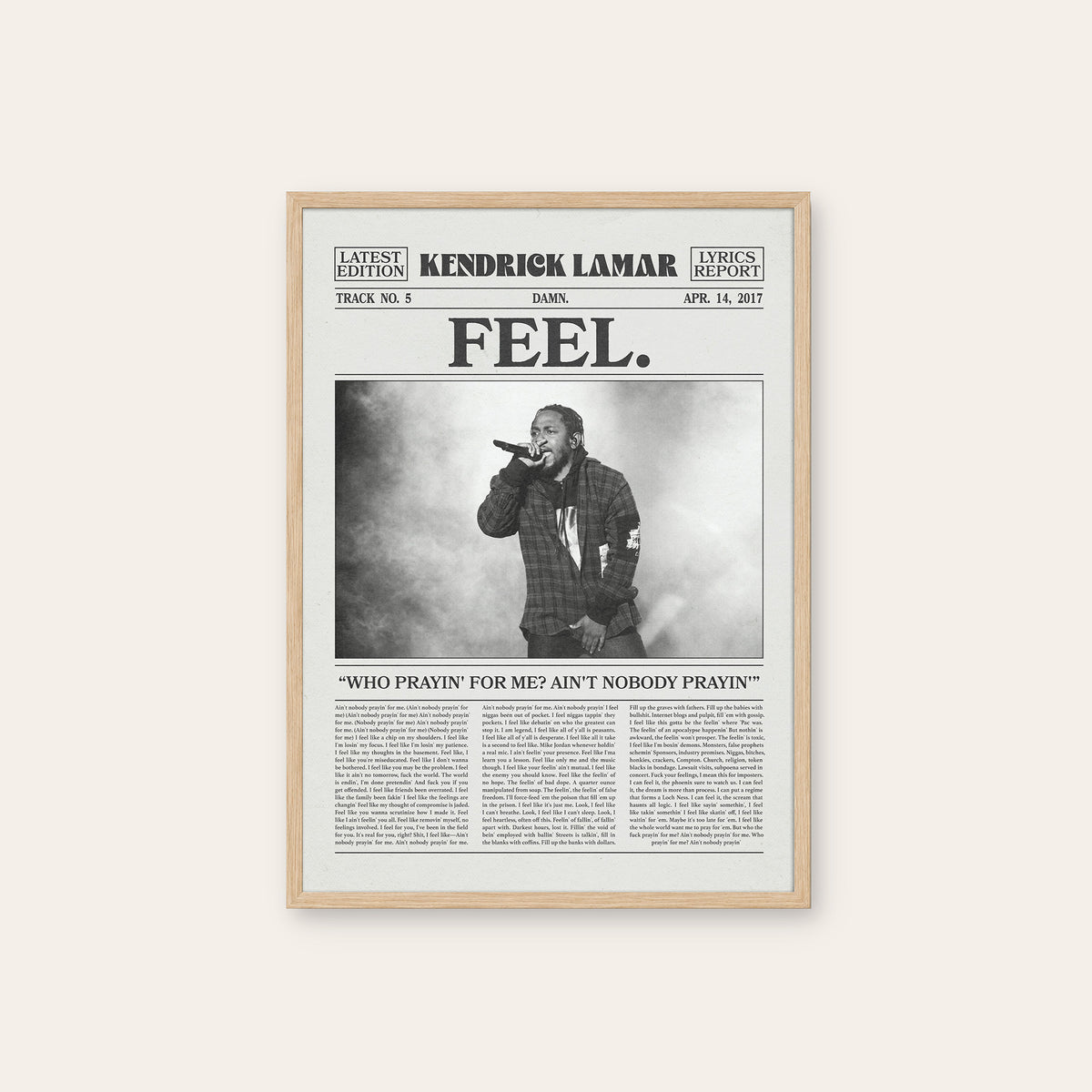 Kendrick Lamar FEEL. newspaper poster — natural wood frame