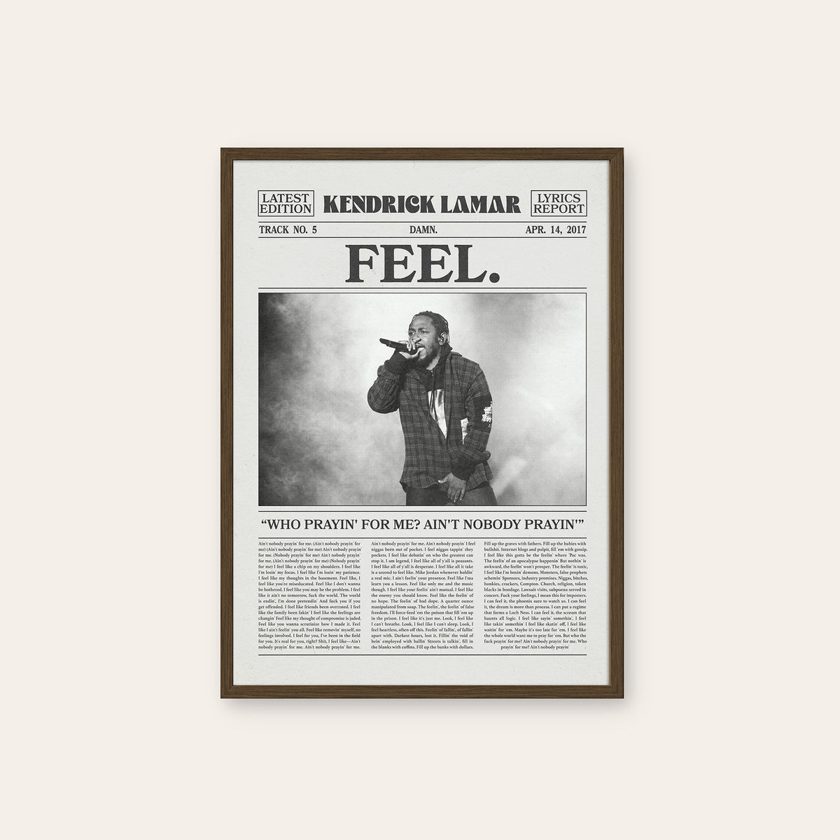 Kendrick Lamar FEEL. newspaper poster — dark wood frame