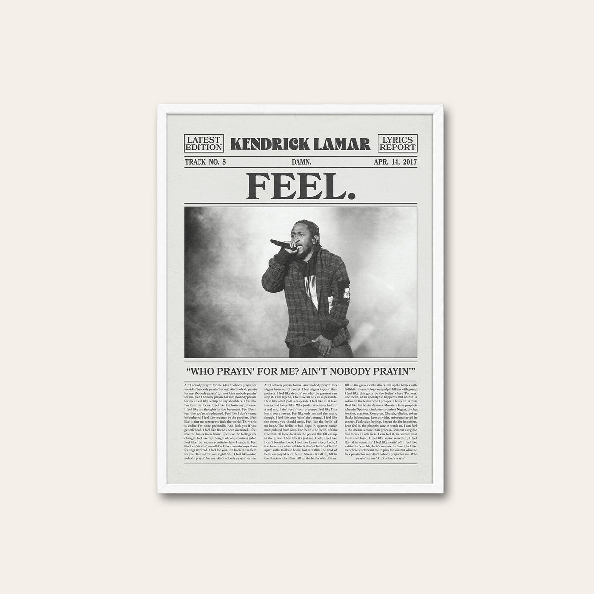 Kendrick Lamar FEEL. newspaper poster — white frame