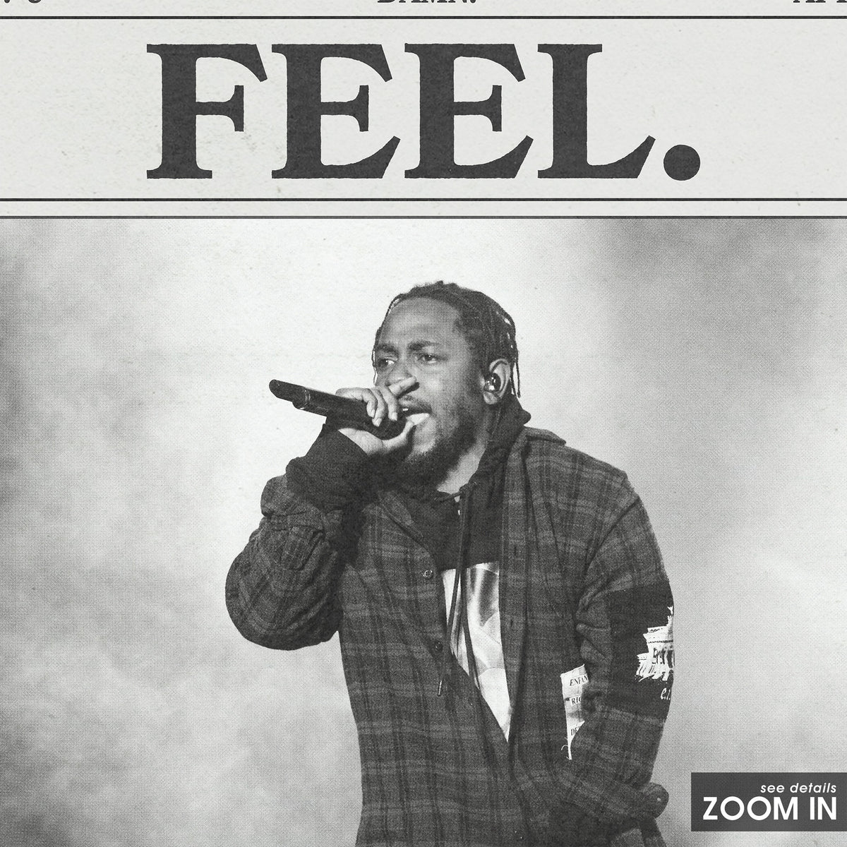 Kendrick Lamar FEEL. newspaper poster — close-up detail