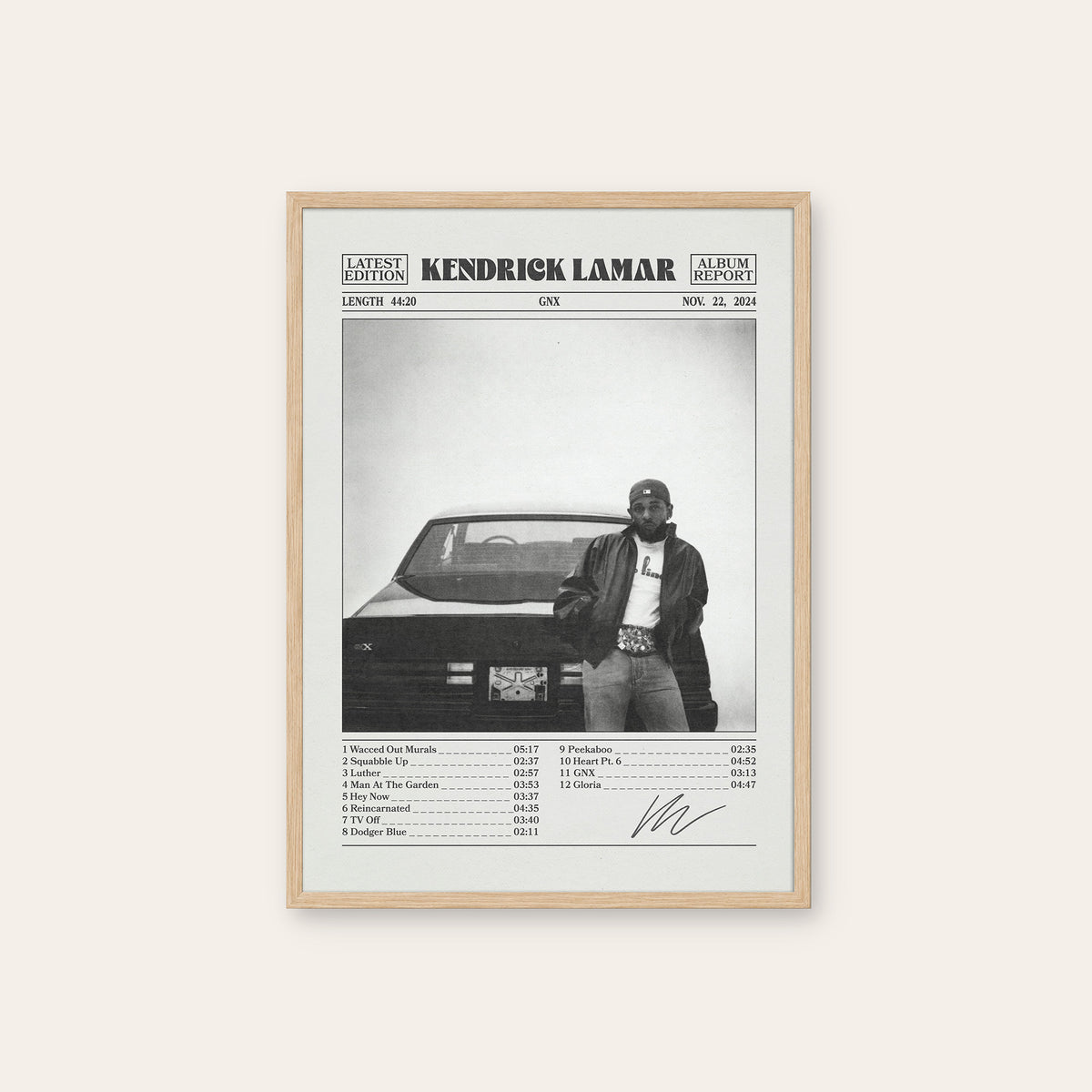 Kendrick Lamar GNX Album Report album poster — natural wood frame