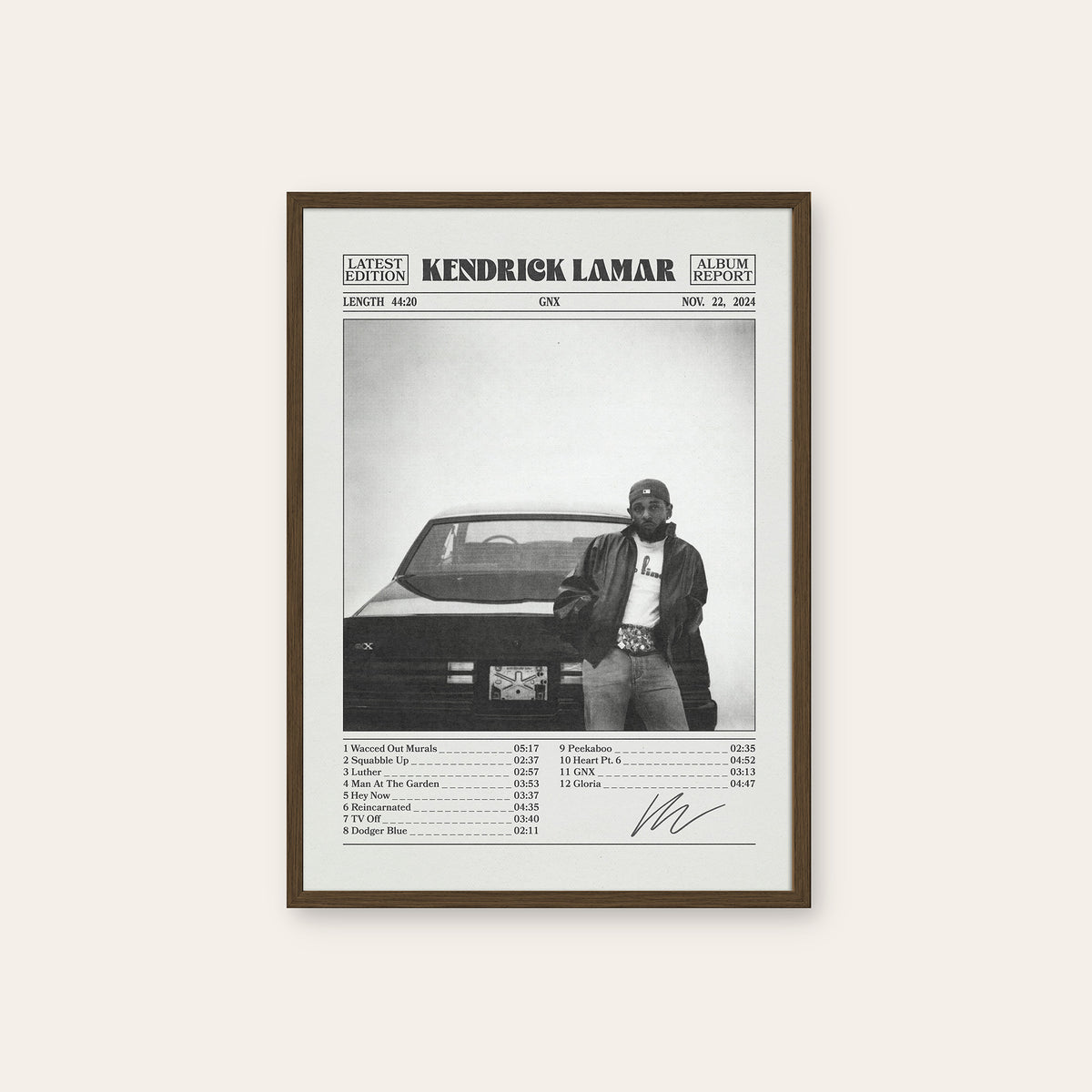 Kendrick Lamar GNX Album Report album poster — dark wood frame