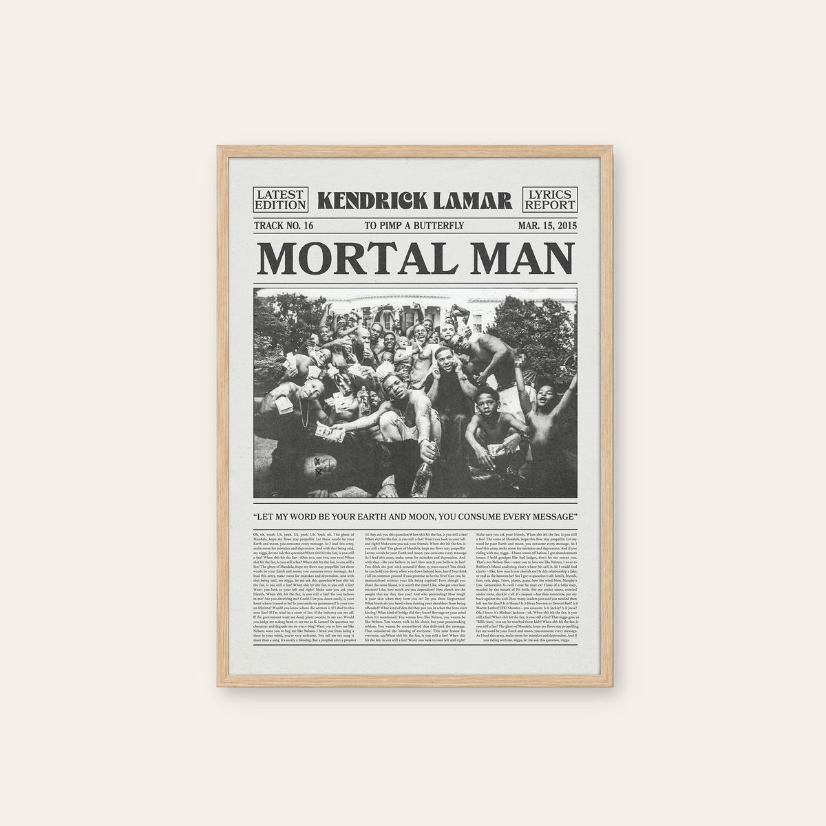 Kendrick Lamar Mortal Man newspaper poster — natural wood frame