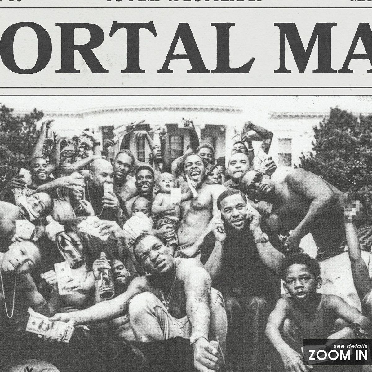 Kendrick Lamar Mortal Man newspaper poster — close-up detail