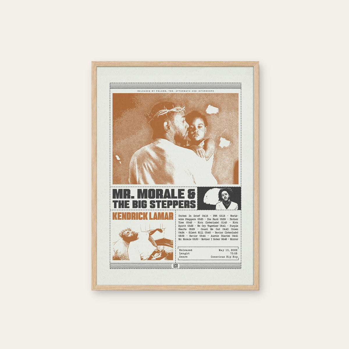 Kendrick Lamar Mr. Morale & the Big Steppers Sepia Collage Edition album poster — natural wood frame