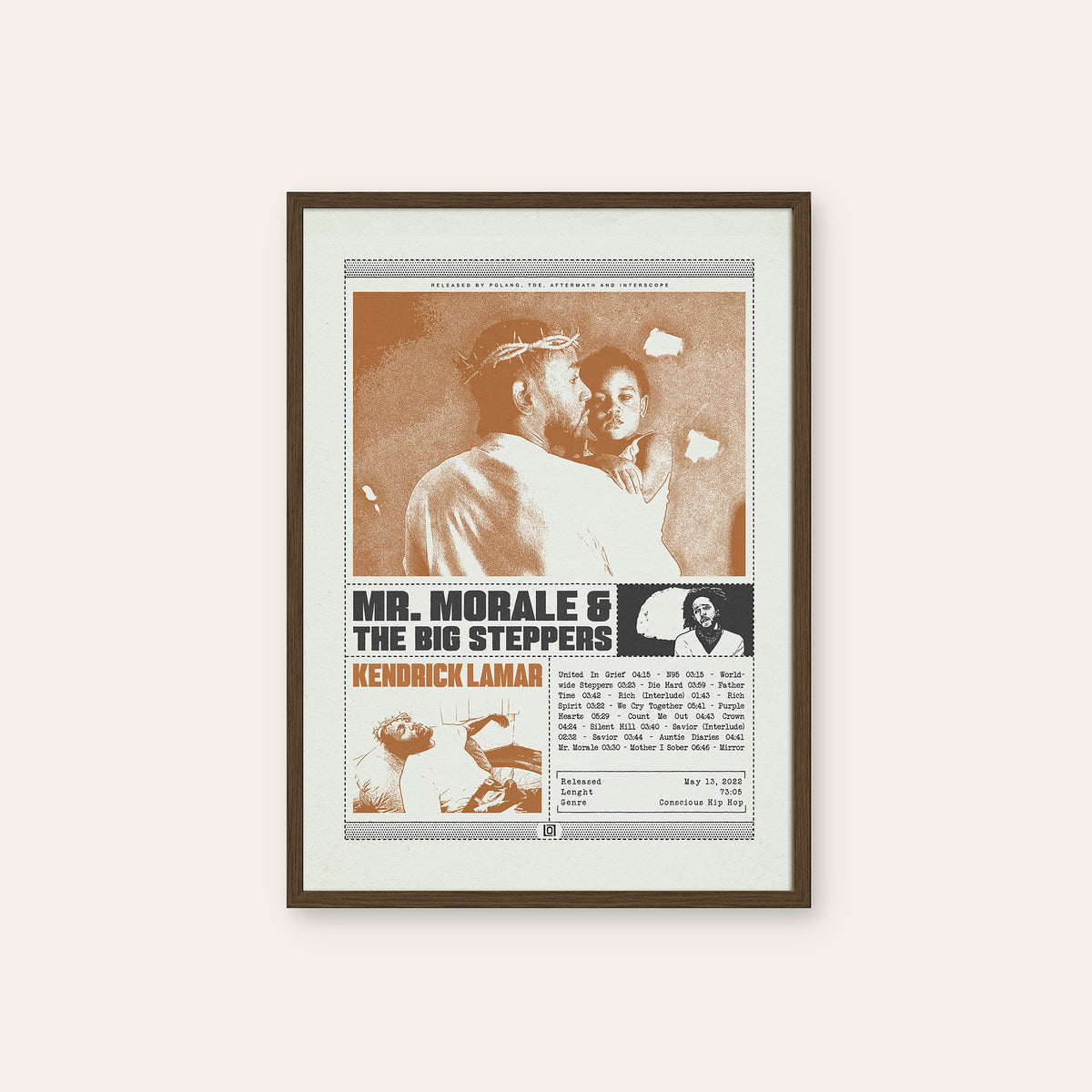 Kendrick Lamar Mr. Morale & the Big Steppers Sepia Collage Edition album poster — dark wood frame