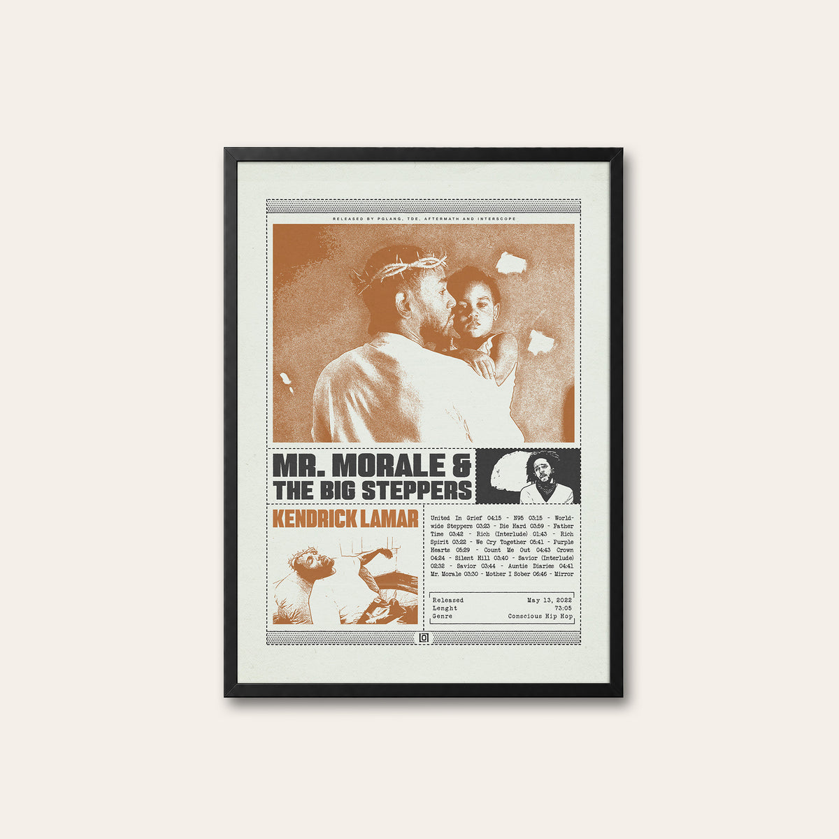Kendrick Lamar Mr. Morale & the Big Steppers Sepia Collage Edition album poster — black frame